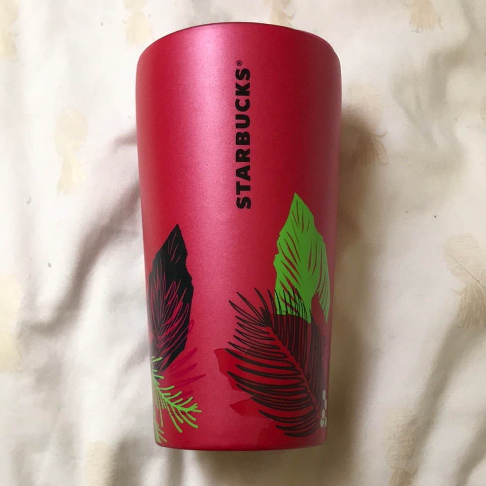 Starbucks 12 OZ Red and Pink Holiday Flower Cup With Closable splash guard lid